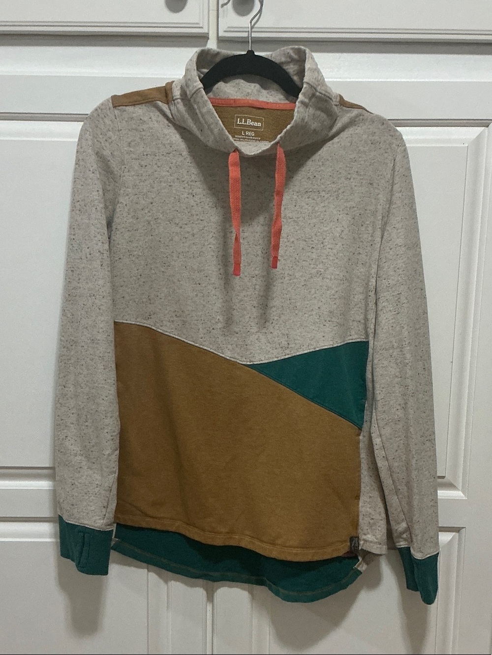 L.L. Bean women’s Crewneck Pullover Oatmeal, Teal & camel with Coral Drawstring